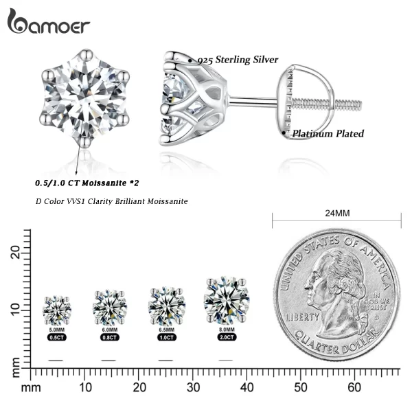 BAMOER Classic Moissanite Stud Earrings, S925 Silver D Color Brilliant Round Cut Lab Created Diamond Wedding Engagement Earrings - Image 5