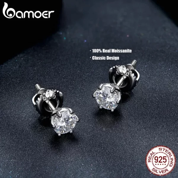 BAMOER Classic Moissanite Stud Earrings, S925 Silver D Color Brilliant Round Cut Lab Created Diamond Wedding Engagement Earrings - Image 3