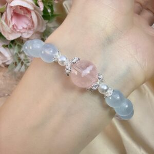 Original Design: Blue Moon（Aquamarine & Pink Strawberry Crystal Bracelet） - Image 4