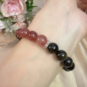 Original Design: Knight Red Dust（Pink Strawberry Crystal & Obsidian Bracelet） - Image 3