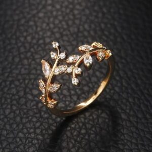 New Leaf Ring Copper Inlaid Zircon Men's and Women's Adjustable Size Open Ring - Image 3