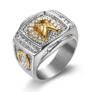 Popular hip hop ring men's gold-plated diamond horse head men's ring - Image 5
