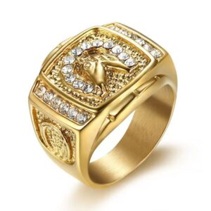 Popular hip hop ring men's gold-plated diamond horse head men's ring - Image 4